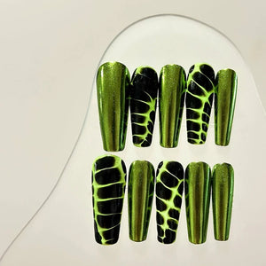 Python-style coffin nails with a shimmering green finish.