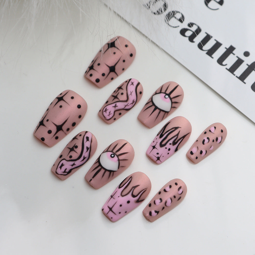 Y2K pink almond graffiti press-on nails with flames