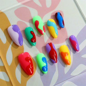 Multicolored almond press-on nails for vibrant looks.