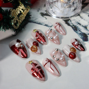 Artistic pearl nail set with holiday-inspired elements and lightweight fit.